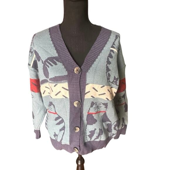 Alicedudu “Balmy Cat” Blue Oversized Cardigan – Cat Logo Knit – Size M - Picture 1 of 8